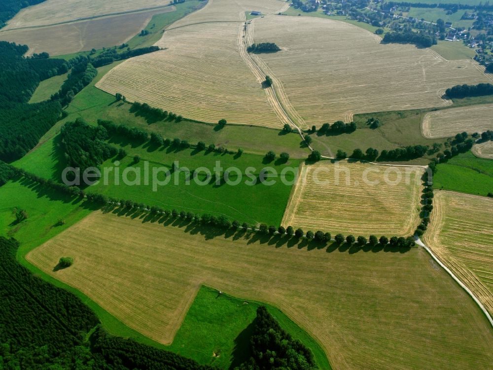 Frauenstein from above - Agricultural land and field boundaries surround the settlement area of the village in Frauenstein in the state Saxony, Germany