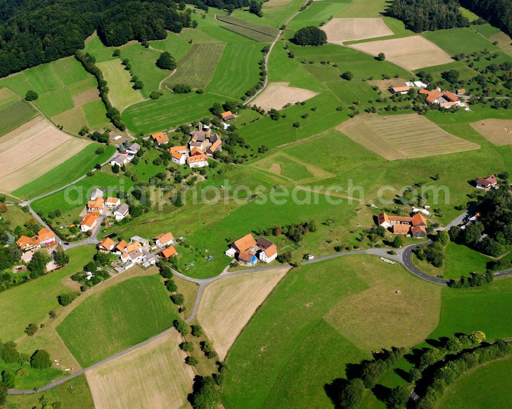 Freiheit-Laudenau from the bird's eye view: Agricultural land and field boundaries surround the settlement area of the village in Freiheit-Laudenau in the state Hesse, Germany