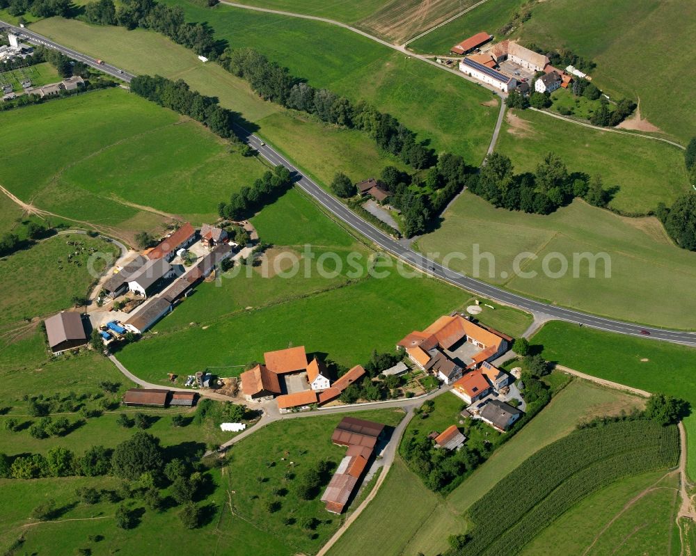 Frohnhofen from the bird's eye view: Agricultural land and field boundaries surround the settlement area of the village in Frohnhofen in the state Hesse, Germany