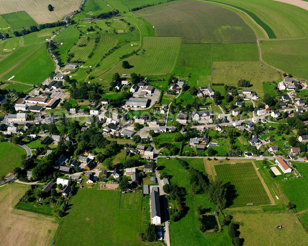 Gahlenz from above - Agricultural land and field boundaries surround the settlement area of the village in Gahlenz in the state Saxony, Germany