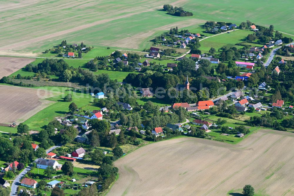 Ganschendorf from the bird's eye view: Agricultural land and field boundaries surround the settlement area of the village in Ganschendorf in the state Mecklenburg - Western Pomerania, Germany