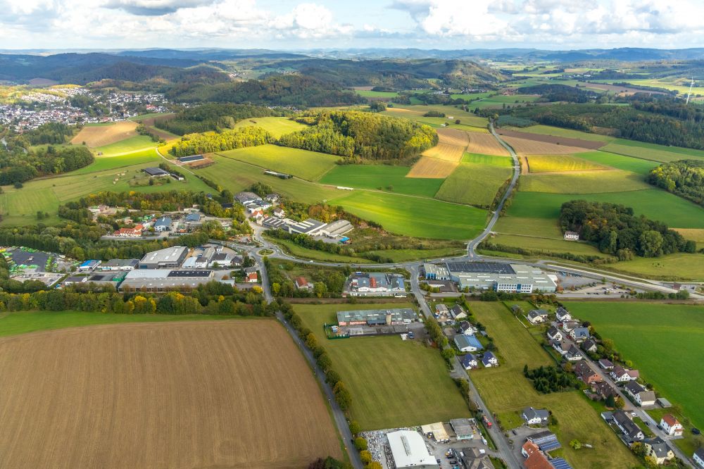 Aerial image Garbeck - Agricultural land and field boundaries surround the settlement area of the village in Garbeck in the state North Rhine-Westphalia, Germany
