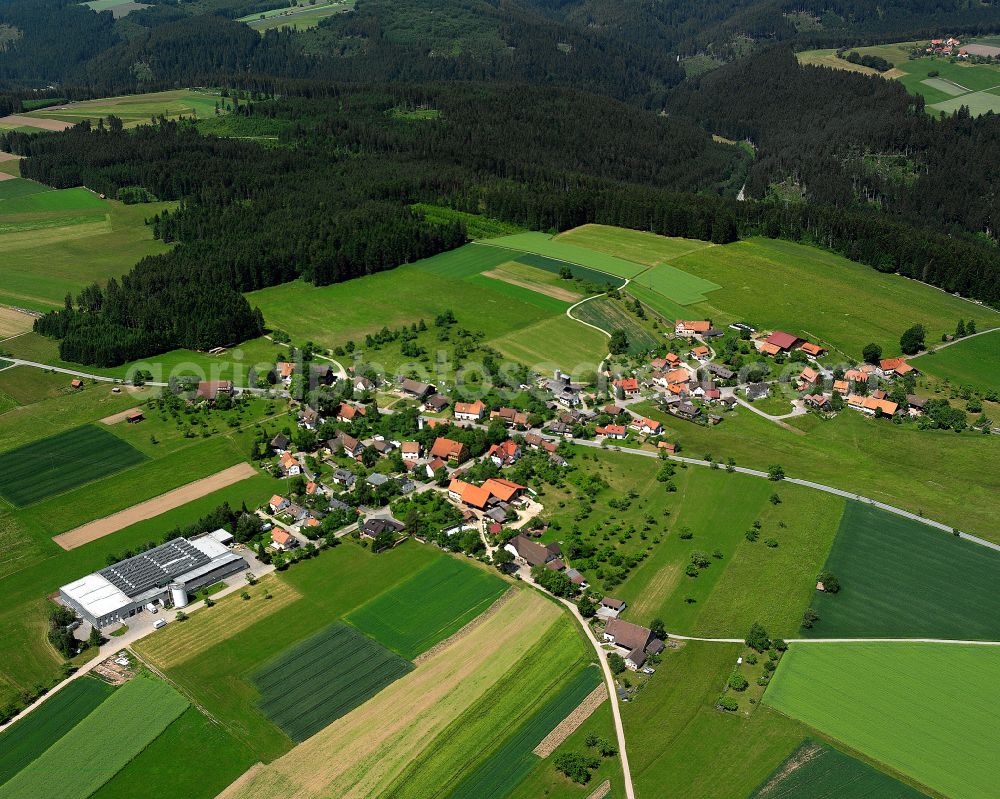 Garrweiler from above - Agricultural land and field boundaries surround the settlement area of the village in Garrweiler in the state Baden-Wuerttemberg, Germany