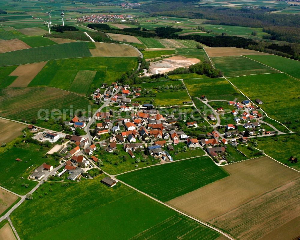 Geislingen an der Steige from above - Agricultural land and field boundaries surround the settlement area of the village in Geislingen an der Steige in the state Baden-Wuerttemberg, Germany