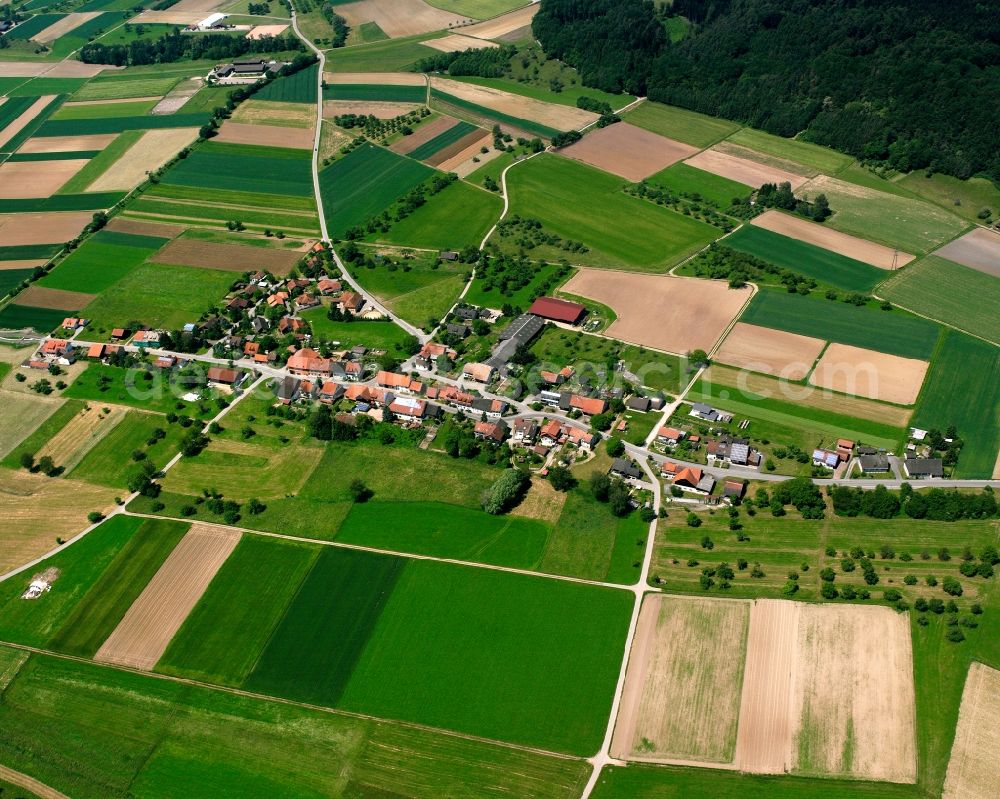 Aerial image Günzgen - Agricultural land and field boundaries surround the settlement area of the village in Günzgen in the state Baden-Wuerttemberg, Germany