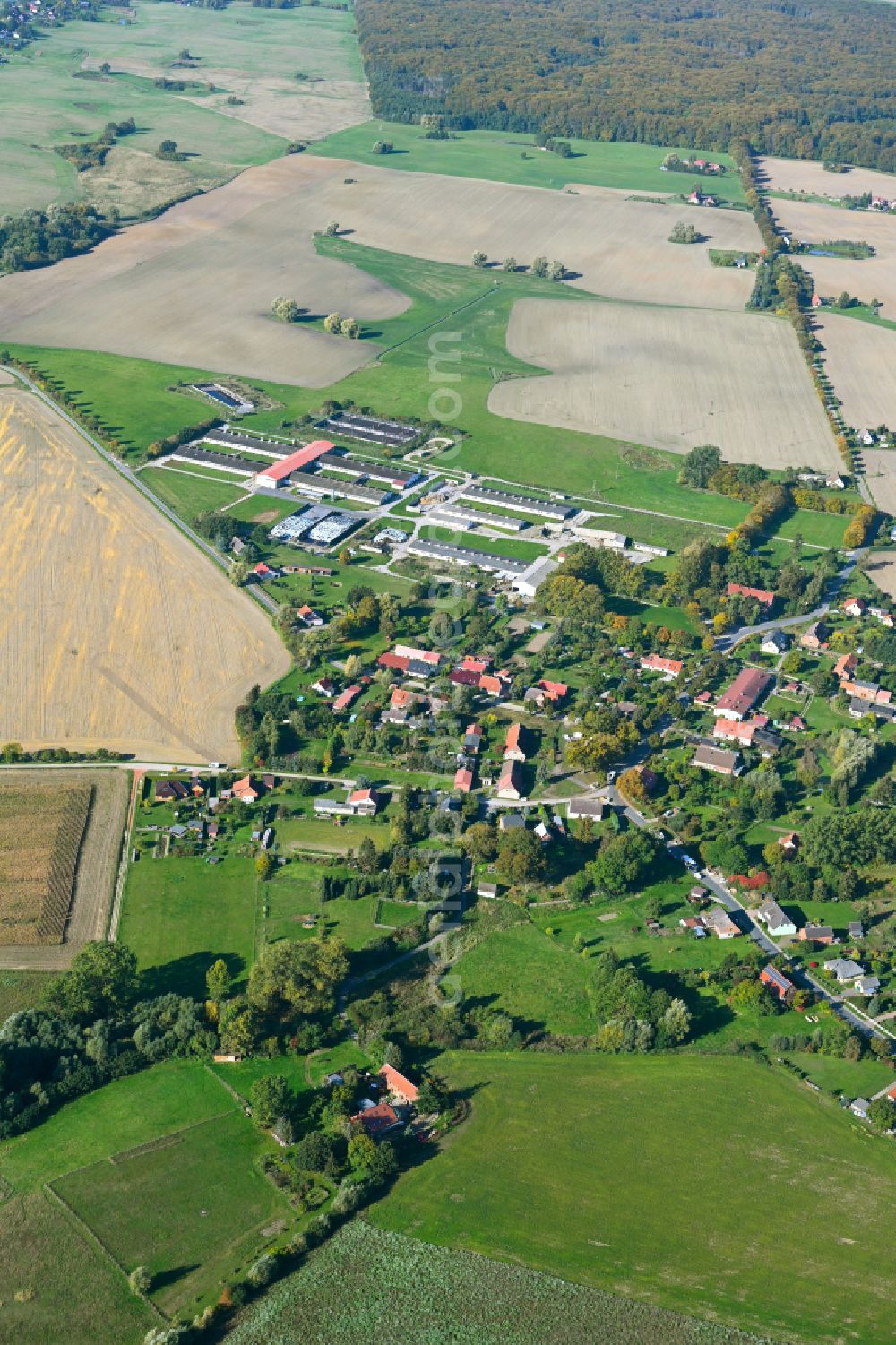 Aerial image Grauenhagen - Agricultural land and field boundaries surround the settlement area of the village in Grauenhagen in the state Mecklenburg - Western Pomerania, Germany