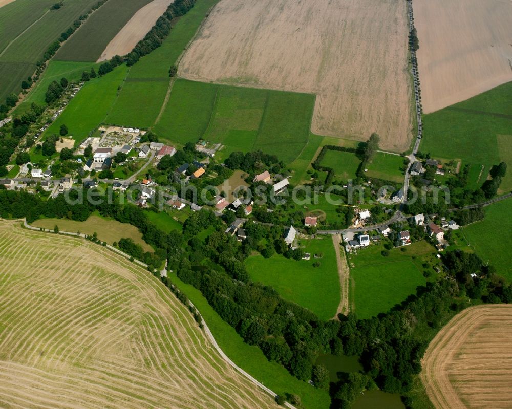 Görbersdorf from above - Agricultural land and field boundaries surround the settlement area of the village in Görbersdorf in the state Saxony, Germany