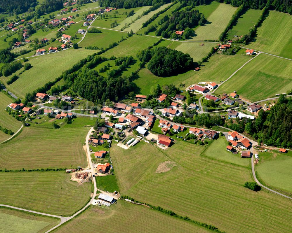 Aerial image Grünbach - Agricultural land and field boundaries surround the settlement area of the village in Grünbach in the state Bavaria, Germany