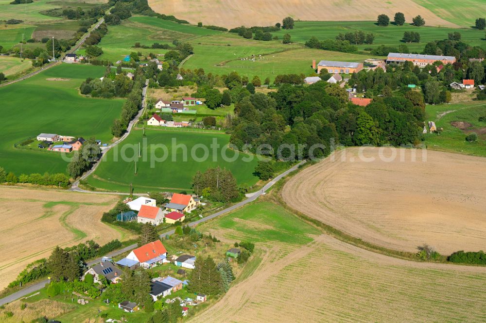 Groß Daberkow from the bird's eye view: Agricultural land and field boundaries surround the settlement area of the village in Gross Daberkow in the state Mecklenburg - Western Pomerania, Germany
