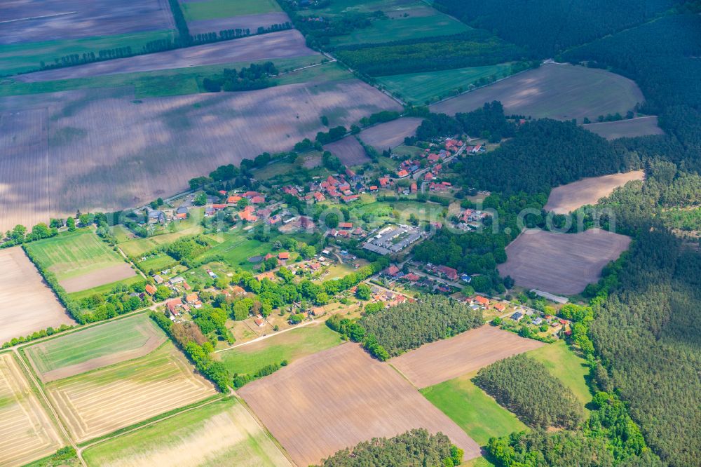 Groß Krams from the bird's eye view: Agricultural land and field boundaries surround the settlement area of the village in Gross Krams in the state Mecklenburg - Western Pomerania, Germany