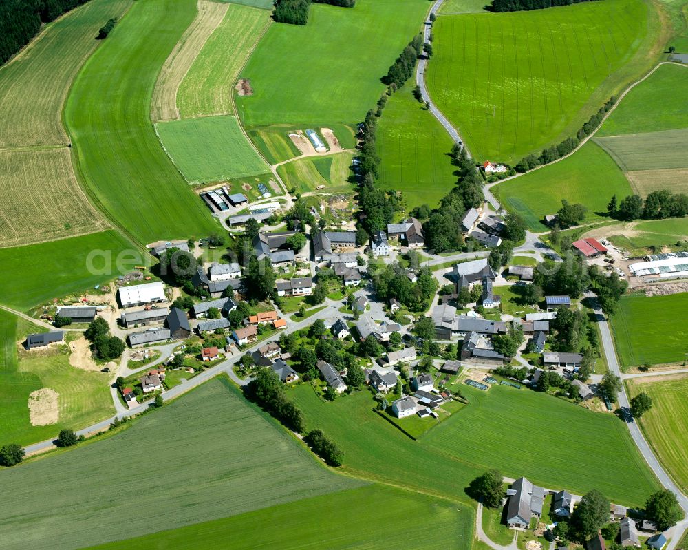 Großlosnitz from above - Agricultural land and field boundaries surround the settlement area of the village in Großlosnitz in the state Bavaria, Germany