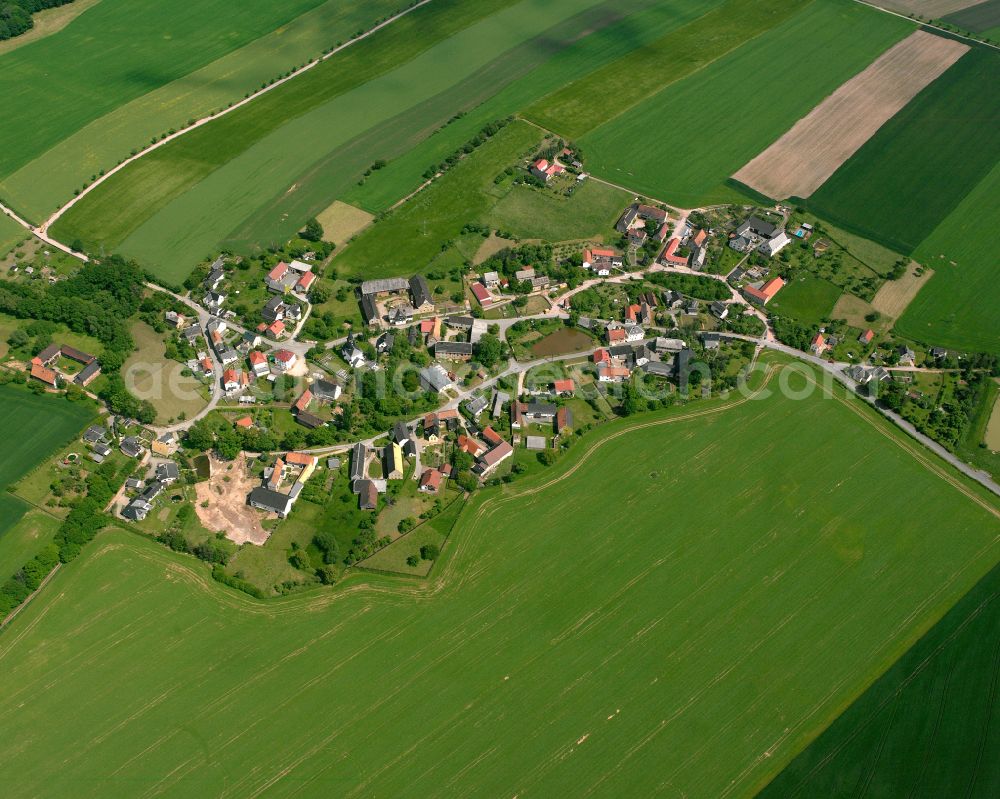 Haselbach from the bird's eye view: Agricultural land and field boundaries surround the settlement area of the village in Haselbach in the state Thuringia, Germany
