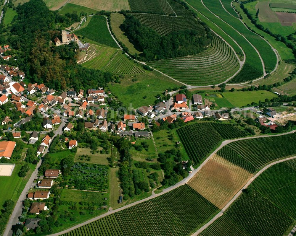Aerial image Hausen - Agricultural land and field boundaries surround the settlement area of the village in Hausen in the state Baden-Wuerttemberg, Germany