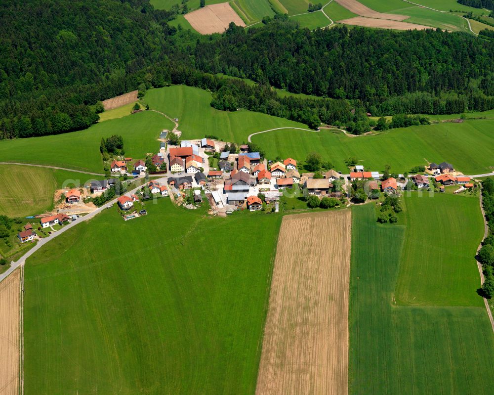 Aerial image Hauzenberg - Agricultural land and field boundaries surround the settlement area of the village in Hauzenberg in the state Bavaria, Germany