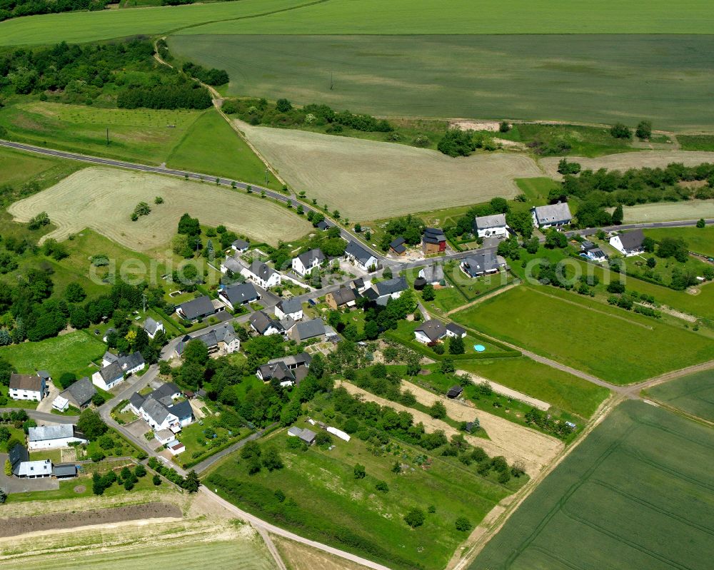 Hübingen from above - Agricultural land and field boundaries surround the settlement area of the village in Hübingen in the state Rhineland-Palatinate, Germany