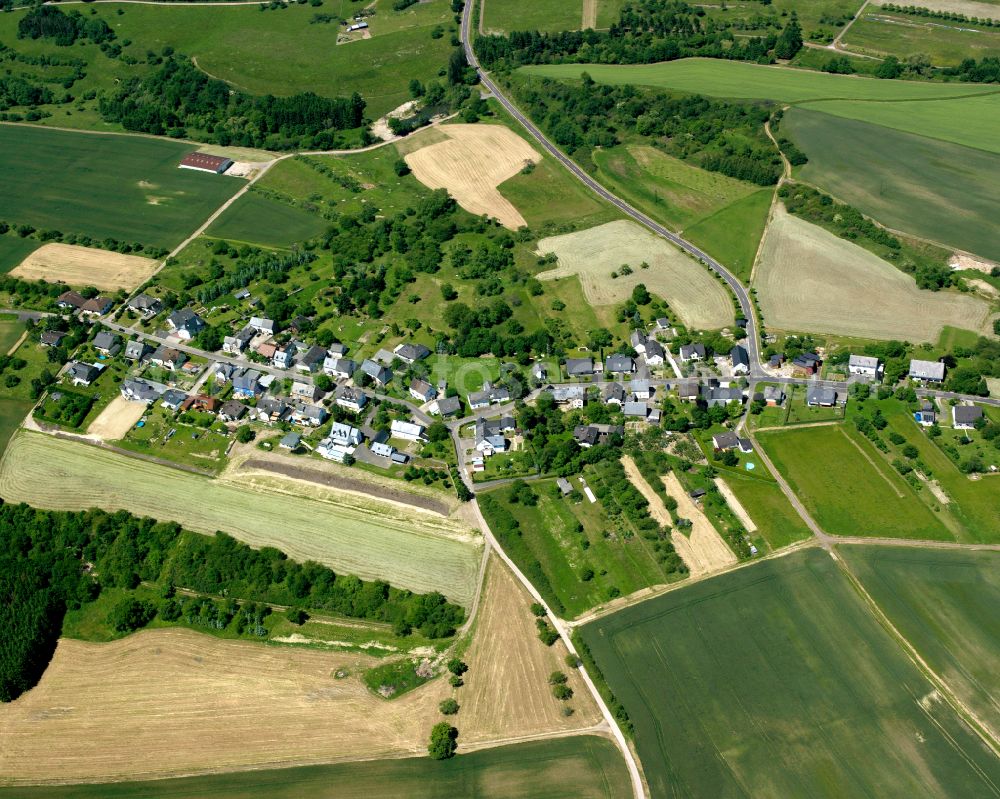 Hübingen from the bird's eye view: Agricultural land and field boundaries surround the settlement area of the village in Hübingen in the state Rhineland-Palatinate, Germany