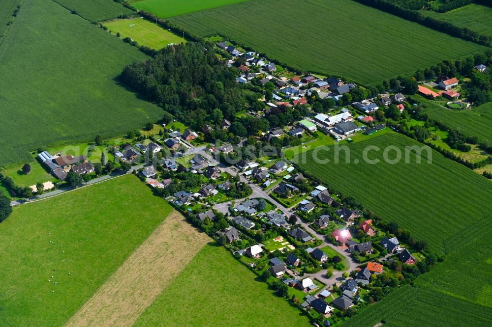 Aerial photograph Heidmoor - Agricultural land and field boundaries surround the settlement area of the village in Heidmoor in the state Schleswig-Holstein, Germany
