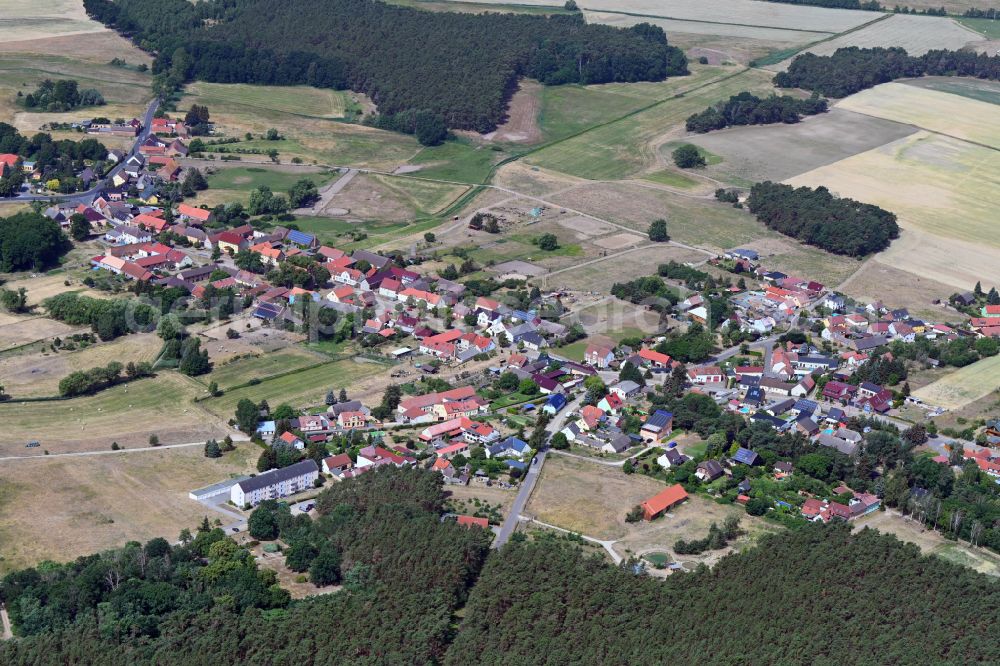 Aerial image Hennickendorf - Agricultural land and field boundaries surround the settlement area of the village in Hennickendorf in the state Brandenburg, Germany