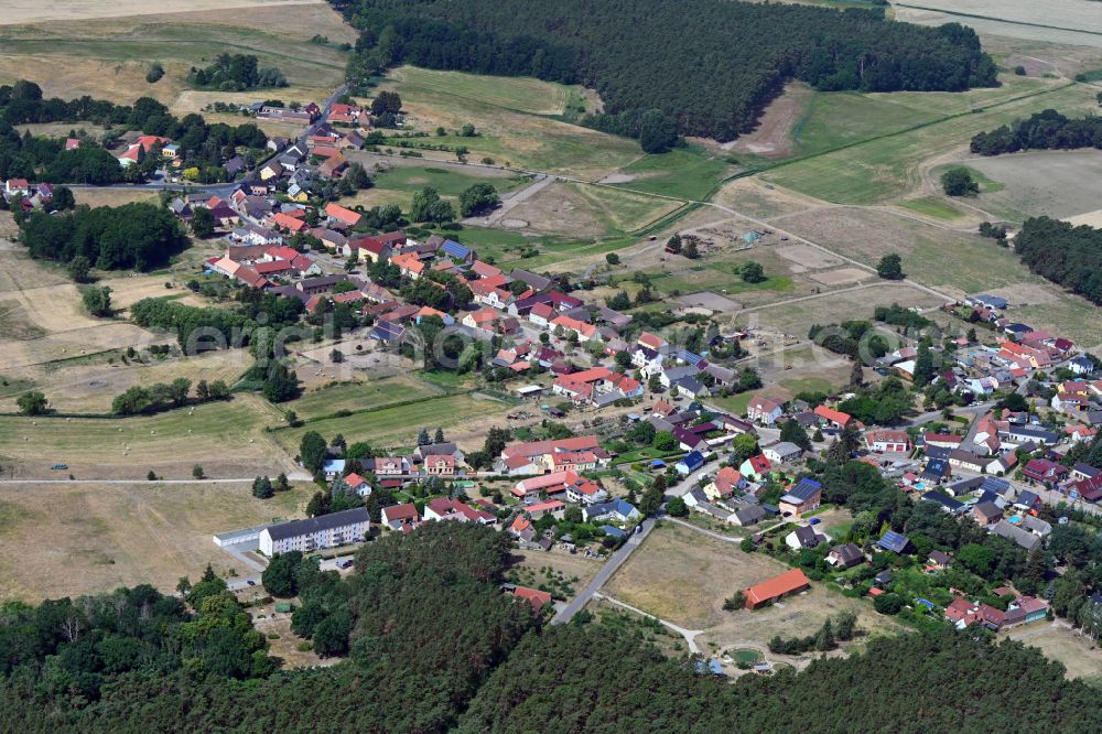 Aerial photograph Hennickendorf - Agricultural land and field boundaries surround the settlement area of the village in Hennickendorf in the state Brandenburg, Germany