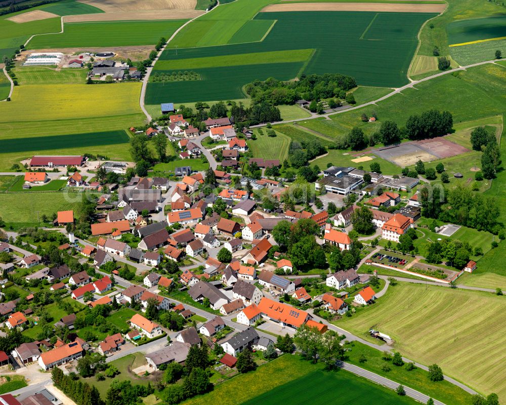 Heudorf from the bird's eye view: Agricultural land and field boundaries surround the settlement area of the village in Heudorf in the state Baden-Wuerttemberg, Germany