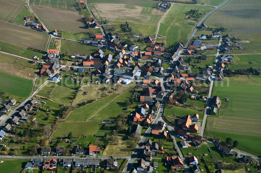 Hilwartshausen from the bird's eye view: Agricultural land and field boundaries surround the settlement area of the village in Hilwartshausen in the state Lower Saxony, Germany
