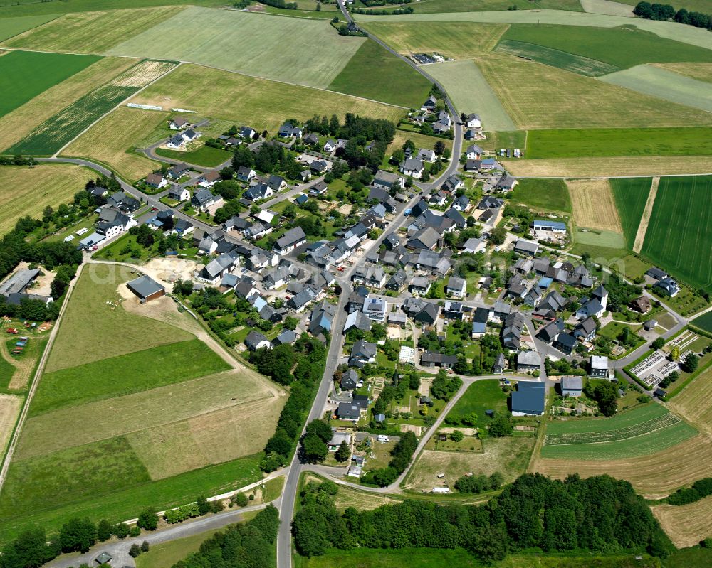 Hirschfeld (Hunsrück) from the bird's eye view: Agricultural land and field boundaries surround the settlement area of the village in Hirschfeld (Hunsrück) in the state Rhineland-Palatinate, Germany