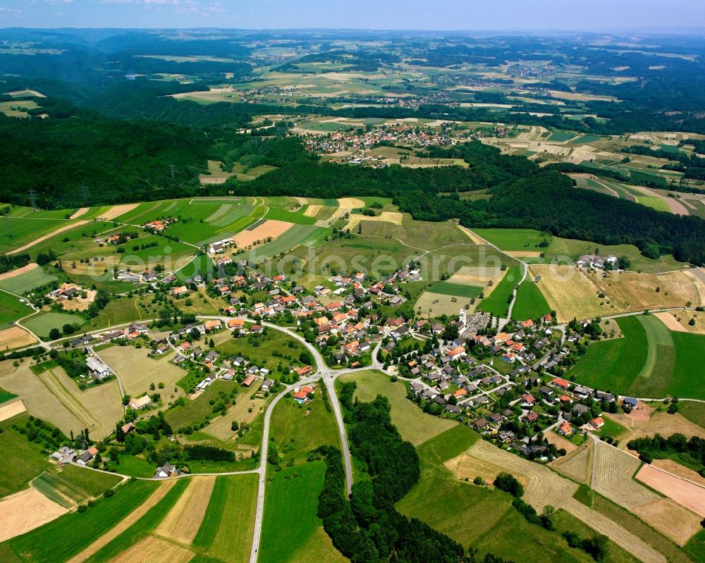 Aerial photograph Hochsal - Agricultural land and field boundaries surround the settlement area of the village in Hochsal in the state Baden-Wuerttemberg, Germany