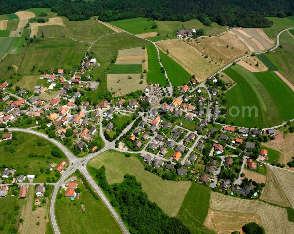 Hochsal from above - Agricultural land and field boundaries surround the settlement area of the village in Hochsal in the state Baden-Wuerttemberg, Germany