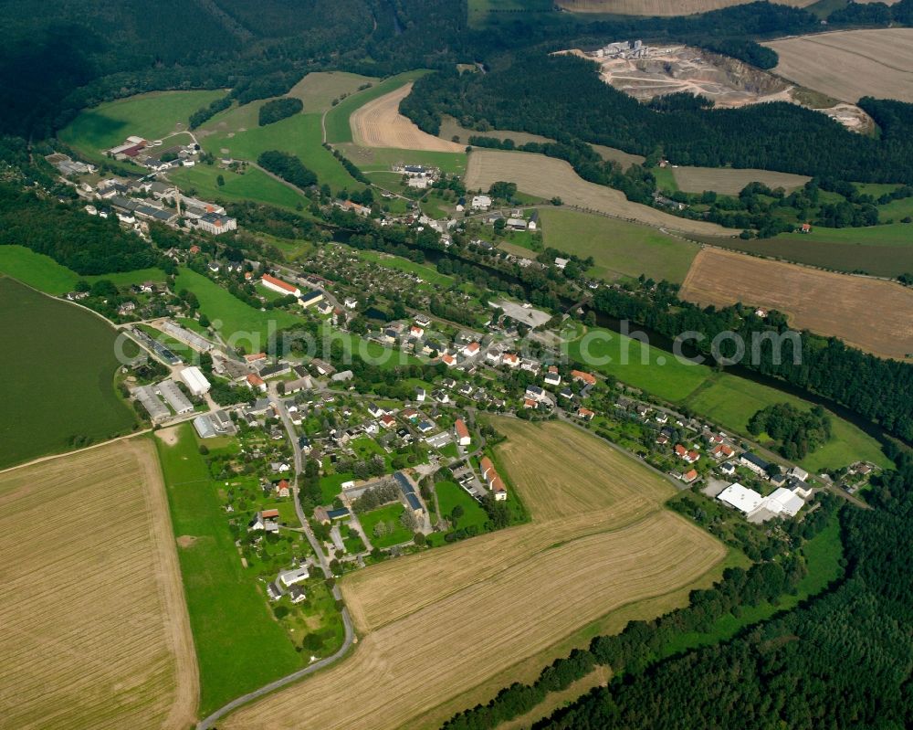 Aerial photograph Hohenfichte - Agricultural land and field boundaries surround the settlement area of the village in Hohenfichte in the state Saxony, Germany