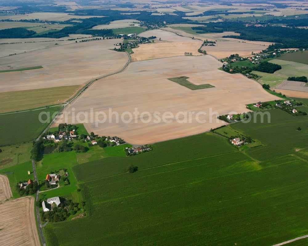 Hohentanne from the bird's eye view: Agricultural land and field boundaries surround the settlement area of the village in Hohentanne in the state Saxony, Germany