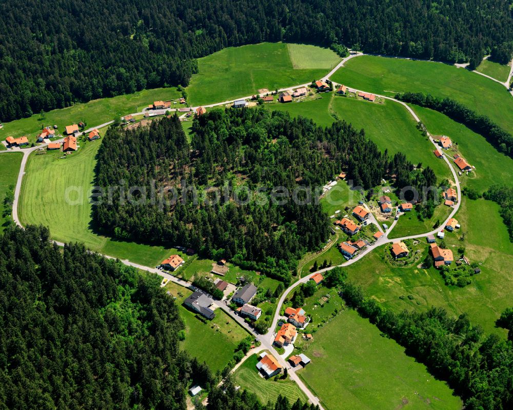 Holzfreyung from above - Agricultural land and field boundaries surround the settlement area of the village in Holzfreyung in the state Bavaria, Germany