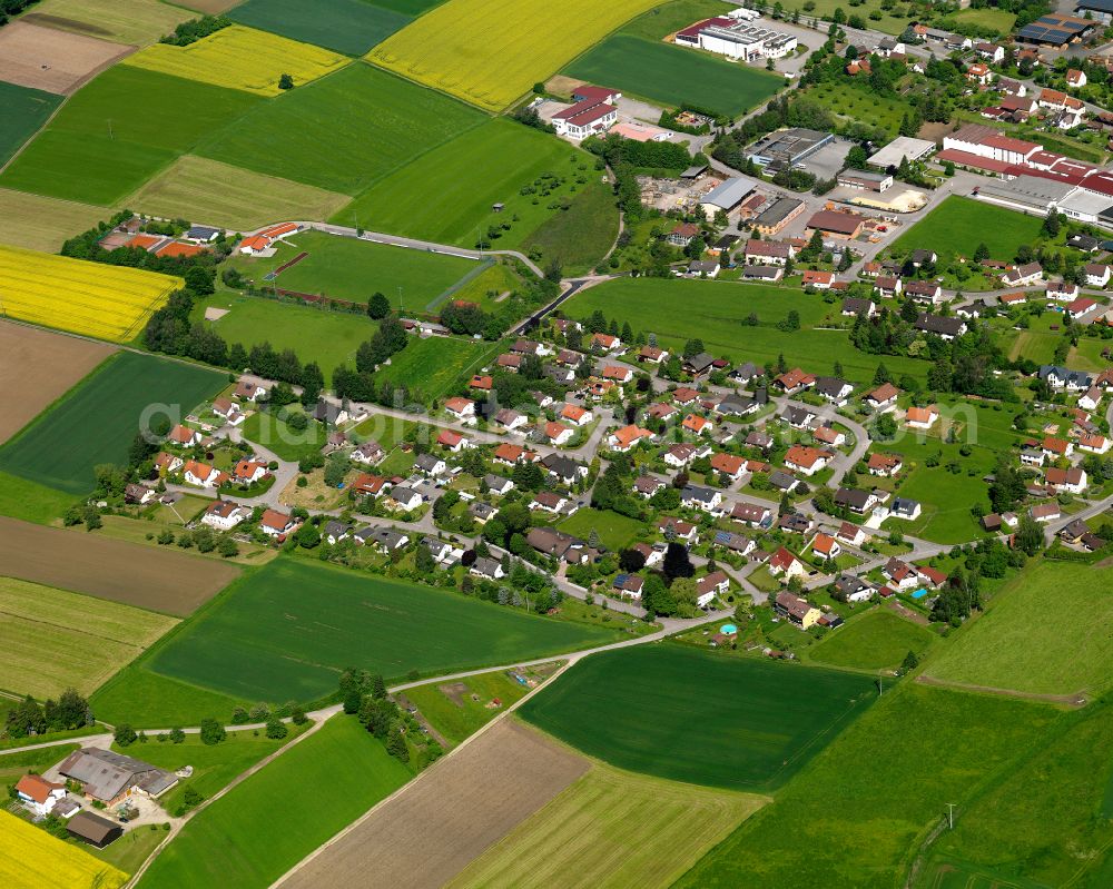 Aerial image Hörenhausen - Agricultural land and field boundaries surround the settlement area of the village in Hörenhausen in the state Baden-Wuerttemberg, Germany