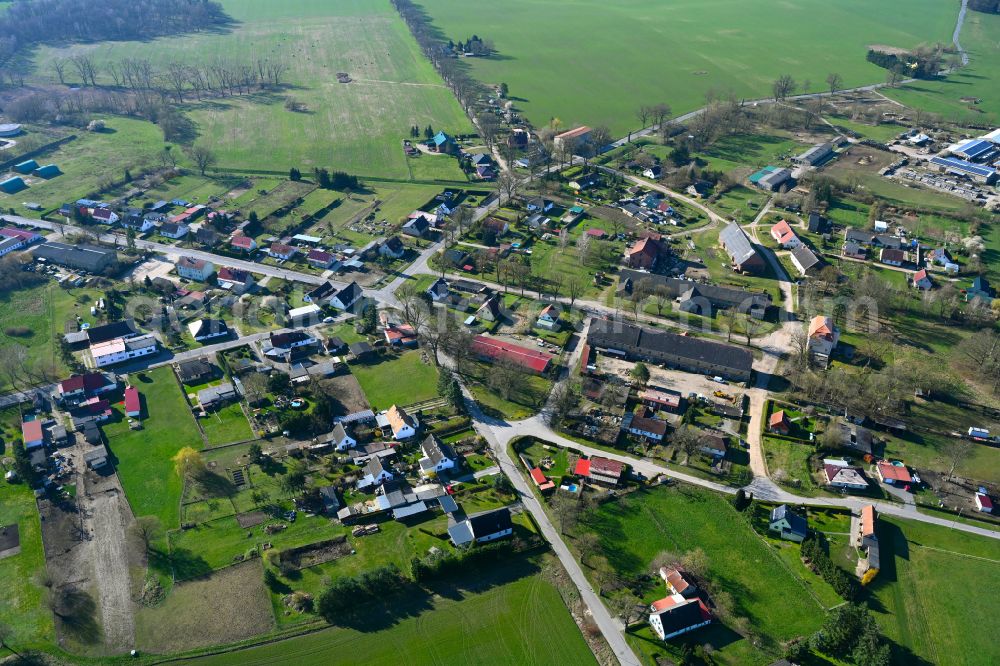 Häsen from above - Agricultural land and field boundaries surround the settlement area of the village in Häsen in the state Brandenburg, Germany
