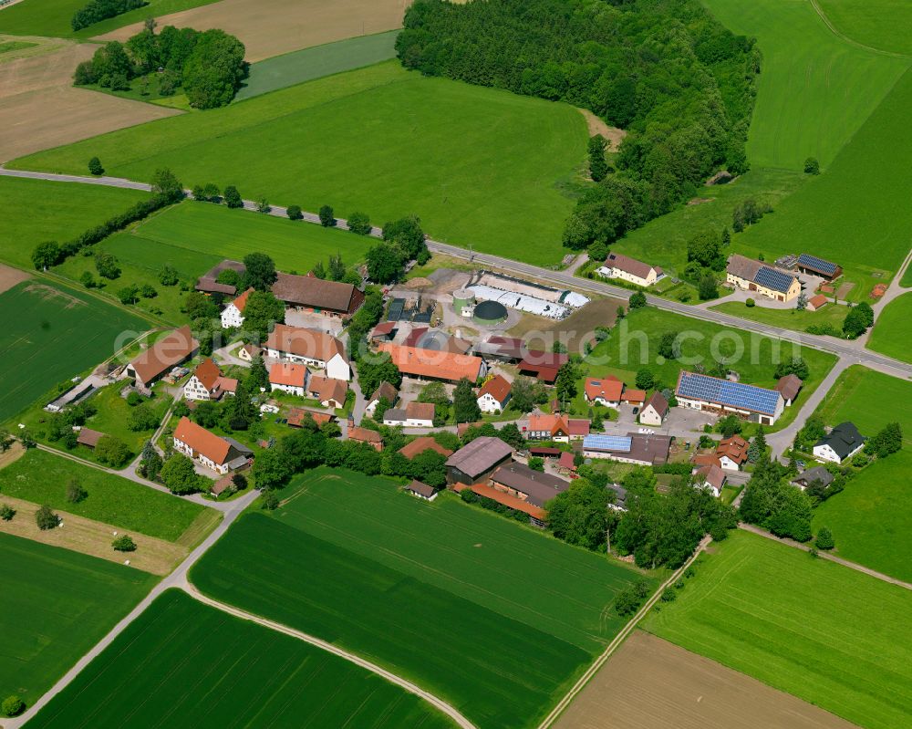 Häusern from the bird's eye view: Agricultural land and field boundaries surround the settlement area of the village in Häusern in the state Baden-Wuerttemberg, Germany