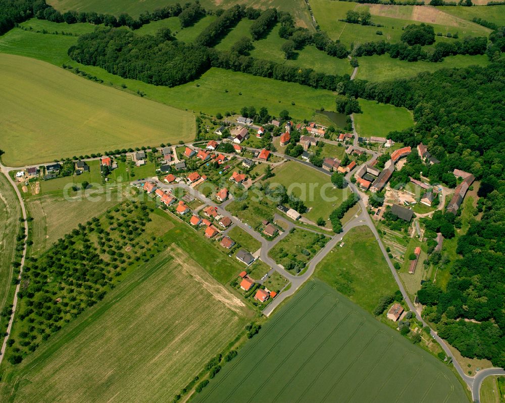 Jahnishausen from above - Agricultural land and field boundaries surround the settlement area of the village in Jahnishausen in the state Saxony, Germany