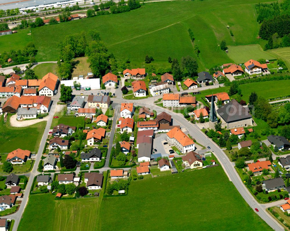 Jandelsbrunn from above - Agricultural land and field boundaries surround the settlement area of the village in Jandelsbrunn in the state Bavaria, Germany