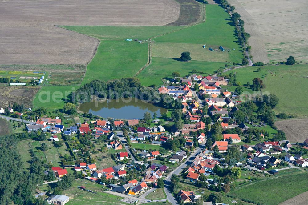 Jeserig/Fläming from above - Agricultural land and field boundaries surround the settlement area of the village in Jeserig/Flaeming in the state Brandenburg, Germany