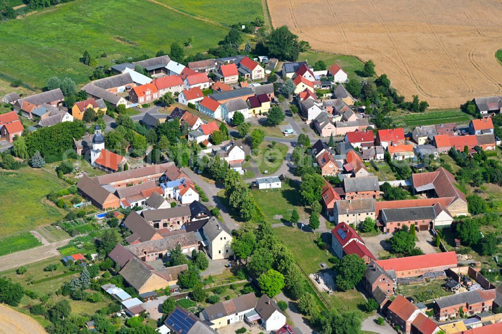 Kemberg from above - Agricultural land and field boundaries surround the settlement area of the village in Kemberg in the state Saxony-Anhalt, Germany