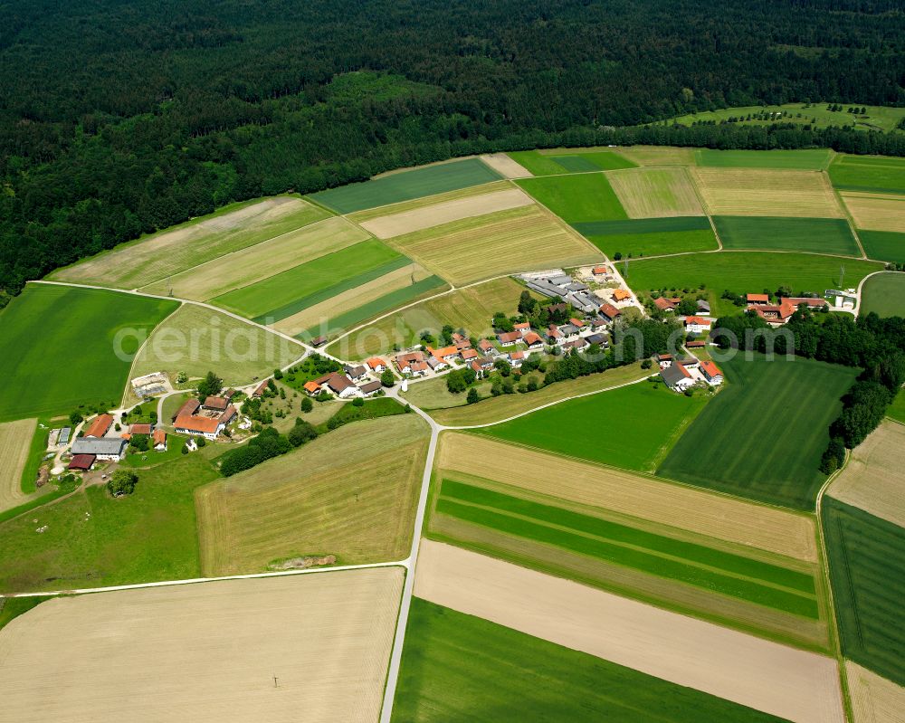 Kemerting from above - Agricultural land and field boundaries surround the settlement area of the village in Kemerting in the state Bavaria, Germany