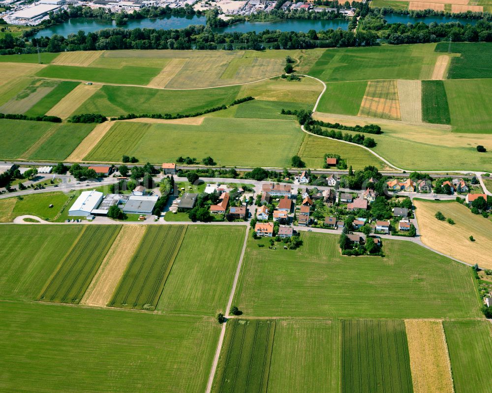 Kilchberg from above - Agricultural land and field boundaries surround the settlement area of the village in Kilchberg in the state Baden-Wuerttemberg, Germany