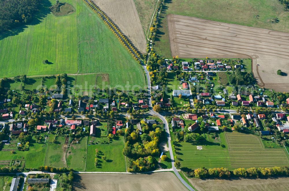 Aerial image Klosterwalde - Agricultural land and field boundaries surround the settlement area of the village on street Klosterwalder Dorfstrasse in Klosterwalde in the state Brandenburg, Germany