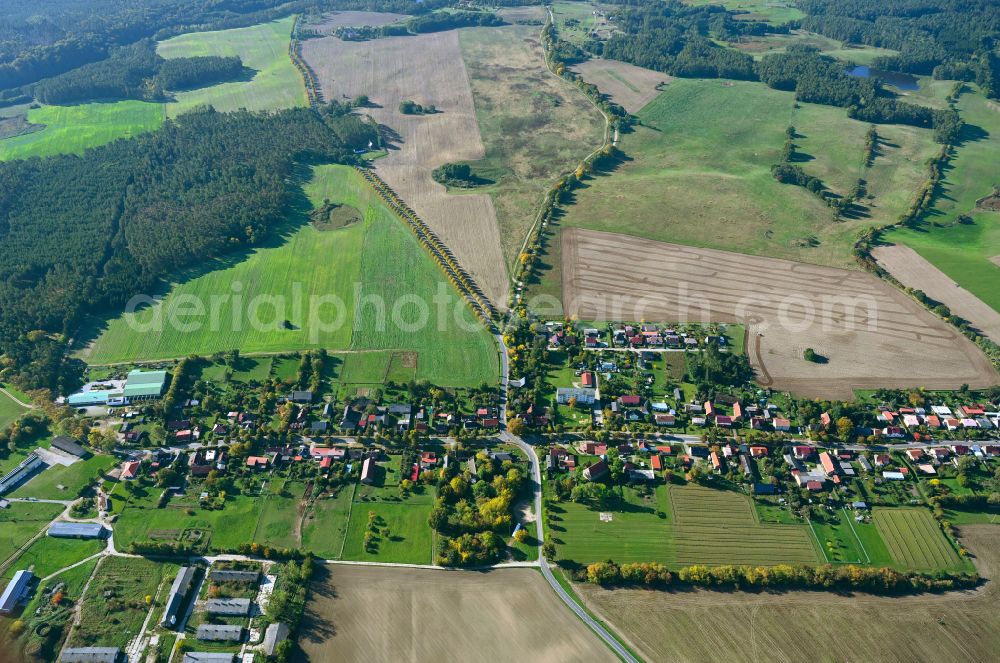 Aerial photograph Klosterwalde - Agricultural land and field boundaries surround the settlement area of the village on street Klosterwalder Dorfstrasse in Klosterwalde in the state Brandenburg, Germany