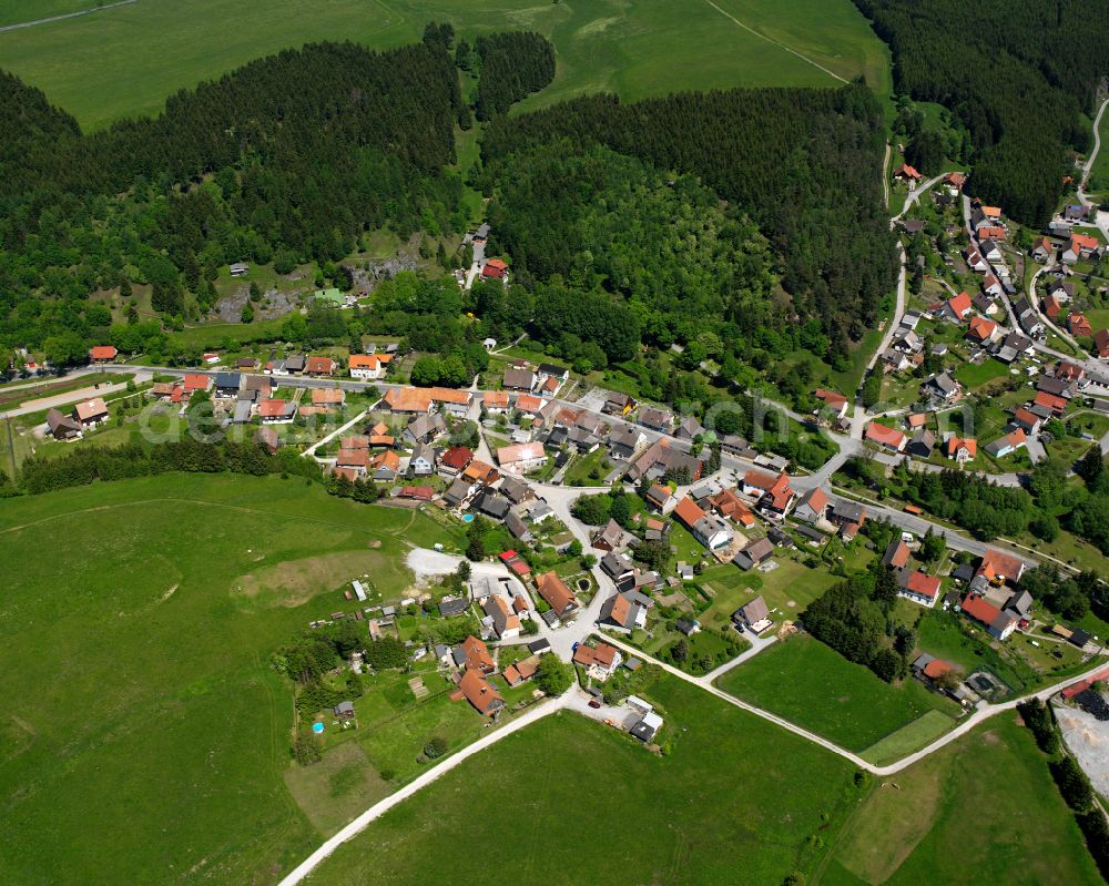 Aerial photograph Königshütte (Harz) - Agricultural land and field boundaries surround the settlement area of the village in Königshütte (Harz) in the state Saxony-Anhalt, Germany