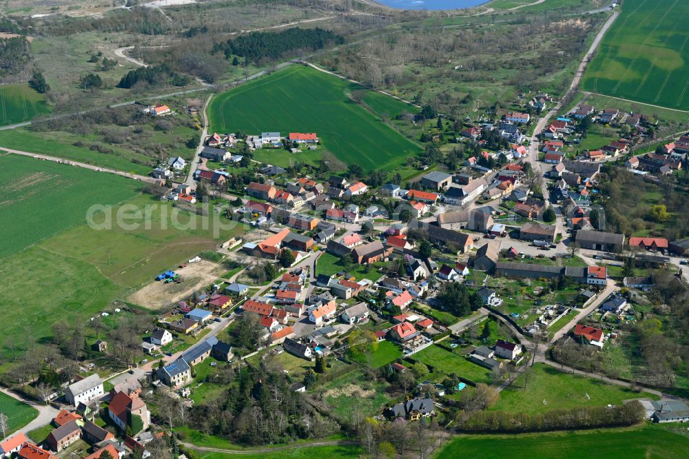 Aerial image Könnern - Agricultural land and field boundaries surround the settlement area of the village in Könnern in the state Saxony-Anhalt, Germany