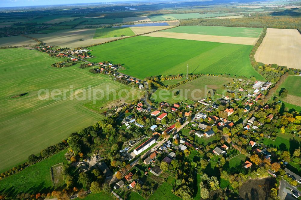 Aerial photograph Körchow - Agricultural land and field boundaries surround the settlement area of the village in Koerchow in the state Mecklenburg - Western Pomerania, Germany