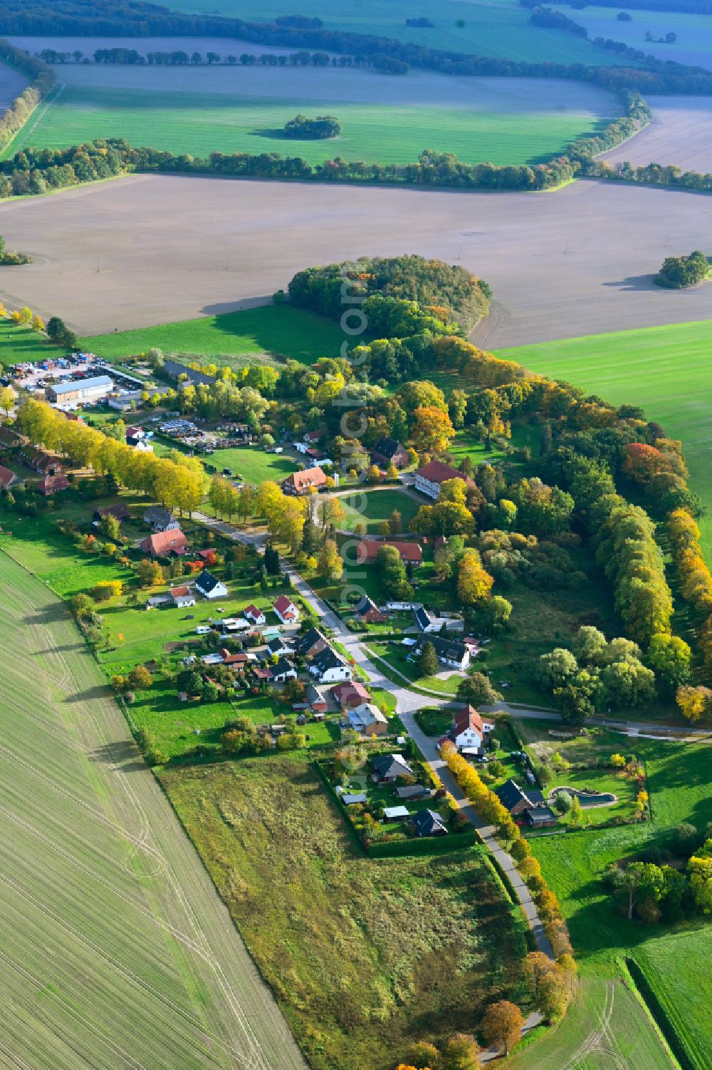 Aerial image Körchow - Agricultural land and field boundaries surround the settlement area of the village in Koerchow in the state Mecklenburg - Western Pomerania, Germany