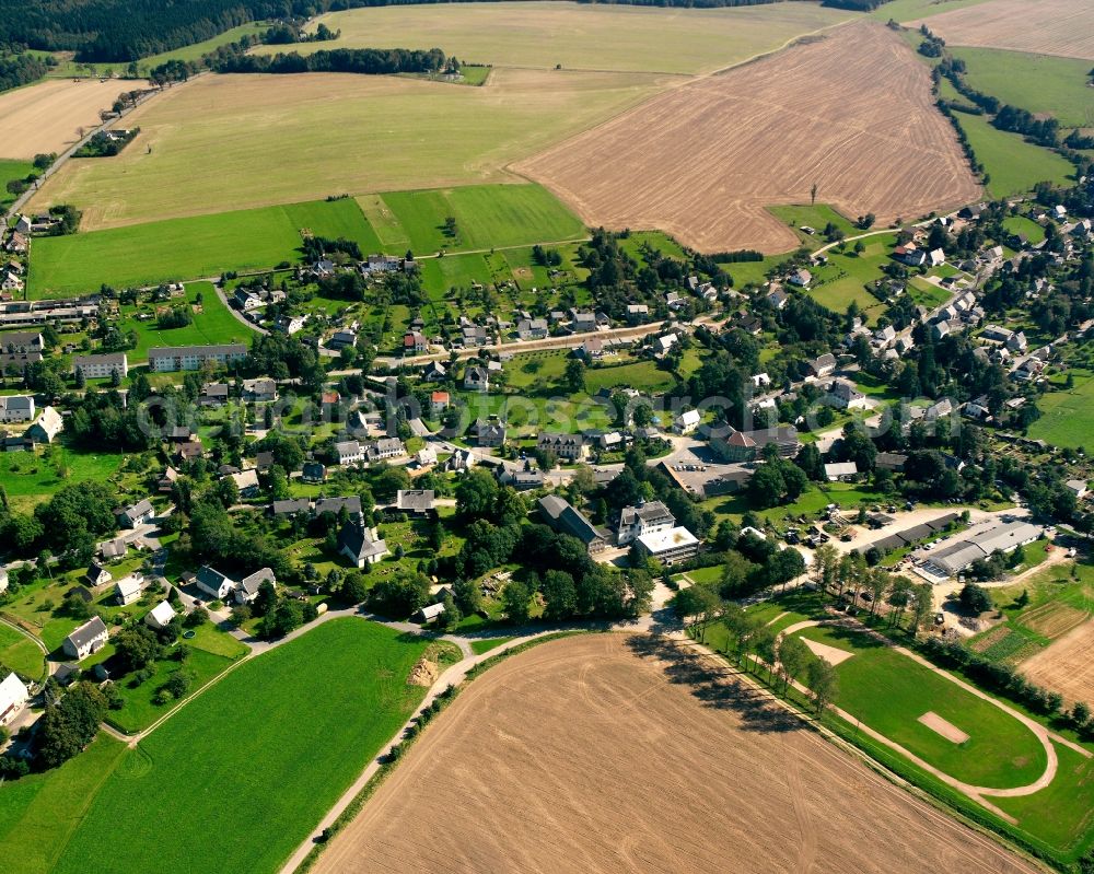 Langenau from the bird's eye view: Agricultural land and field boundaries surround the settlement area of the village in Langenau in the state Saxony, Germany