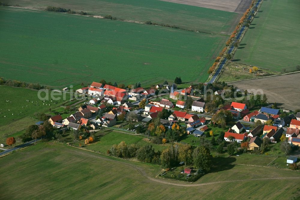 Lehnsdorf from the bird's eye view: Agricultural land and field boundaries surround the settlement area of the village in Lehnsdorf in the state Brandenburg, Germany
