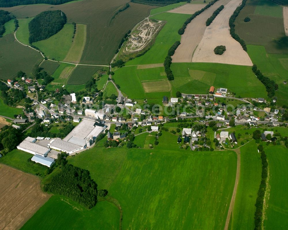 Leubsdorf from the bird's eye view: Agricultural land and field boundaries surround the settlement area of the village in Leubsdorf in the state Saxony, Germany