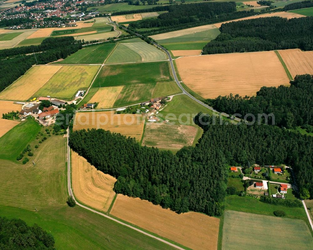 Aerial photograph Lichtenau - Agricultural land and field boundaries surround the settlement area of the village in Lichtenau in the state Bavaria, Germany